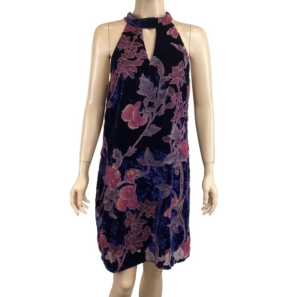 Skies Are Blue Velvet Floral Halter Dress Size Medium‎ Shift Keyhole - Picture 1 of 8